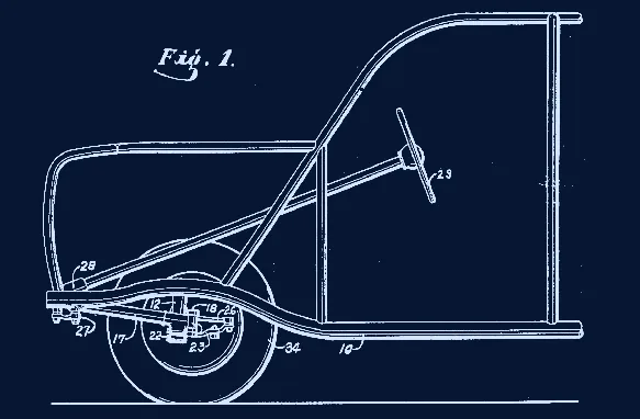 Desenho de patente com a estrutura tubular da carroceria de um automóvel sobre o chassi, com volante e roda dianteira.