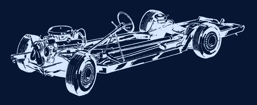 Desenho técnico de um chassi com motor, transmissão, suspensão e rodas, sem carroceria.
