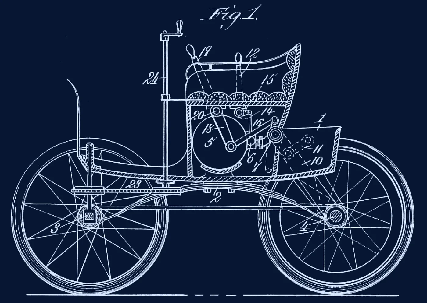 Desenho de patente de 1900 de um automóvel com rodas raiadas, em estilo blueprint.